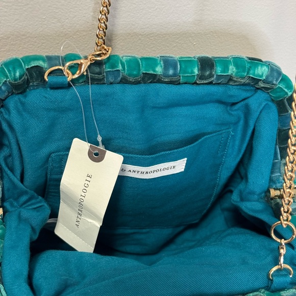 Anthropologie Velvet Woven Clutch Turquoise/Green  with Gold Chain - Picture 4 of 9